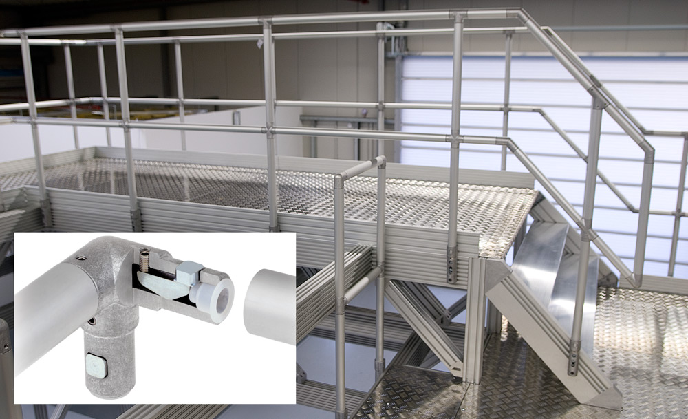 Geländer, Treppen, Bühnen und Podeste sind mit dem ITAS-Rohrverbinder schnell und einfach realisiert