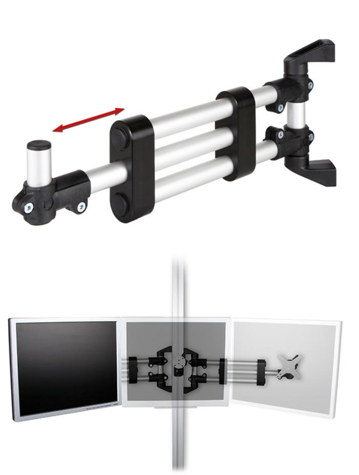 Der Tragarm telescope kann beispielsweise auch als Bildschirmhalter (doppelt oder dreifach) für Kontrollstationen verwendet werden. Höhenverstellbar, schwenkbar und herausziehbar!