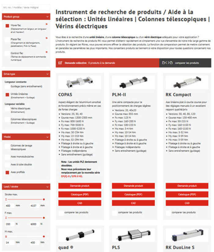 Outil de recherche de produits Techniques linéaires