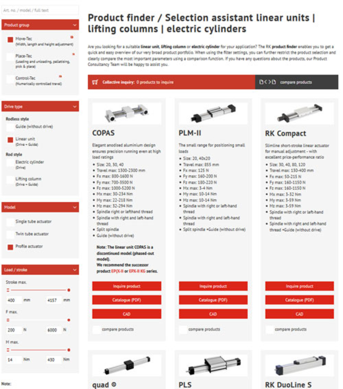 Produktfinder Lineareinheiten / Hubsäulen / Elektrozylinder