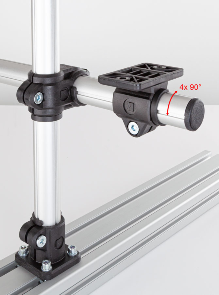Die 90°-Anordnung der vier Profilnuten und der Einsatz der Clipse garantieren eine präzise, rechtwinklige Positionierung der Rohre zueinander.